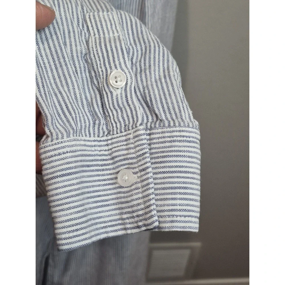 Quince 100% Linen Shirt Dress Size L Blue  Button Front Midi Pockets Coastal
